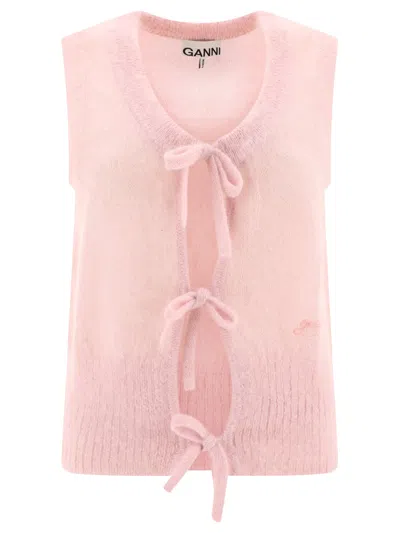 Ganni Mohair Tie String Waistcoat Knitwear In Pink
