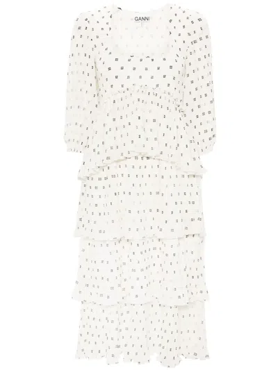 GANNI MONOGRAM-PRINT PLEATED MIDI DRESS