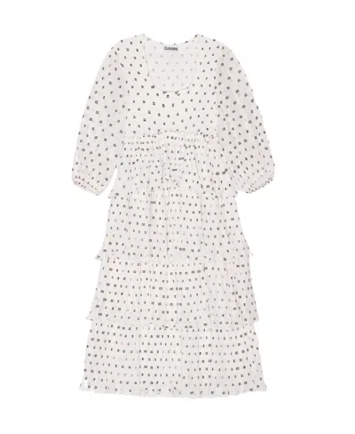 Ganni Monogram-print Pleated Midi Dress In White