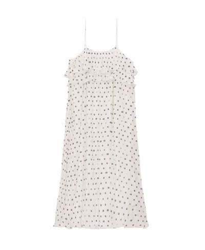 GANNI GANNI MONOGRAM-PRINTED PLEATED RUFFLED MIDI DRESS