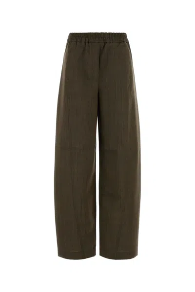 Ganni Mud Wool Wide-leg Pant In Green