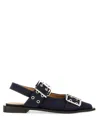 Ganni Buckled Eyelet-embellished Recycled Denim Ballet Flats In Blue