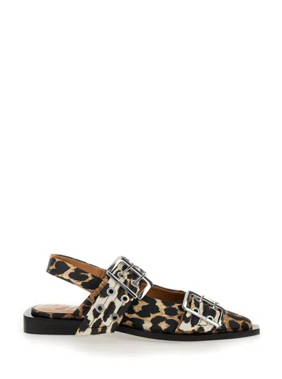 GANNI MULTICOLOR BALLET SHOES WITH DOUBLE BUCKLE AND ALL-OVER LEOPARD PRINT