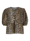 Ganni Multicolor Blouse With Front Tie Closure And All-over Leopard Motif In Cotton Woman