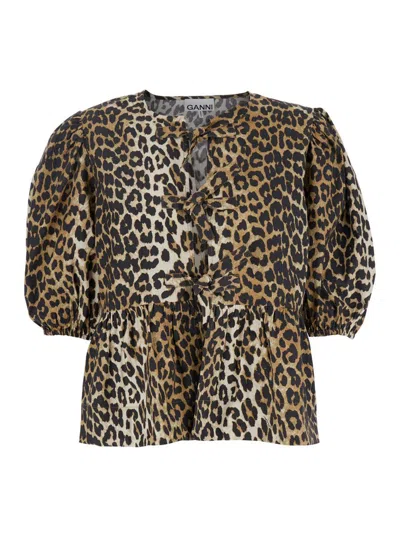 Ganni Multicolor Blouse With Front Tie Closure And All-over Leopard Motif In Cotton Woman