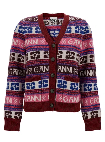 Ganni Multicolor Cardigan With All-over Logo Motif In Wool Blend Woman