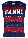 Ganni Striped Openwork Vest With Logo Inlay In Blue