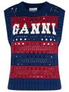 Ganni Striped Openwork Vest With Logo Inlay In Blue