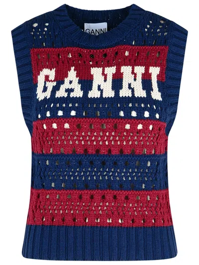 Ganni Multicolor Cotton Blend Vest Women In Blue