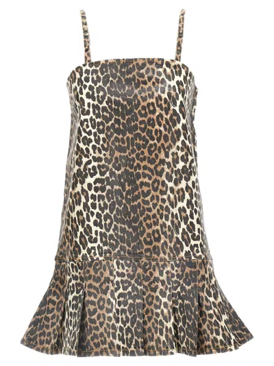 Ganni Animal Pattern Organic Cotton Dress In Brown