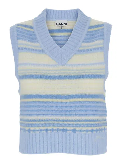 Ganni Multicolor Knit Vest With Stripe Motif In Wool Woman In Blue