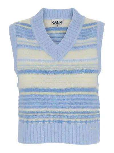 Ganni Multicolor Knit Vest With Stripe Motif In Wool Woman