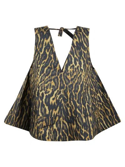 Ganni Multicolor Leopard Print V-neck Cotton Top With Tie Detail In Animal Print