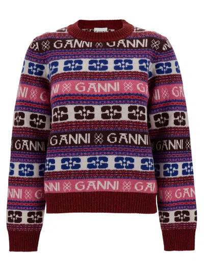 GANNI MULTICOLOR O-NECK SWEATER WITH LOGO MOTIF IN WOOL BLEND WOMAN