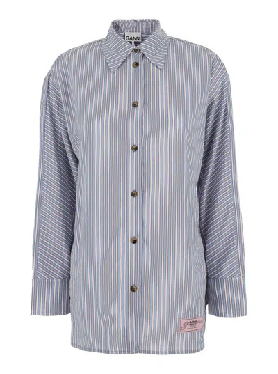 GANNI MULTICOLOR SHIRT WITH ALL-OVER STRIPES AND LOGO PATCH ON THE FRONT IN VISCOSE BLEND WOMAN