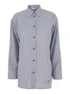 Ganni Multicolor Shirt With All-over Stripes And Logo Patch On The Front In Viscose Blend Woman In Blue