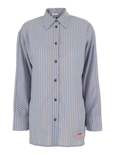 Ganni Multicolor Shirt With All-over Stripes And Logo Patch On The Front In Viscose Blend Woman In Blue