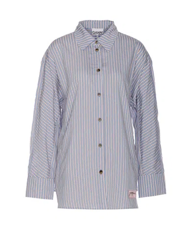 Ganni Multicolor Shirt With All-over Stripes And Logo Patch On The Front In Viscose Blend Woman In Blue