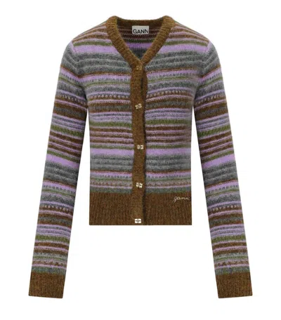 Ganni Multicolor Striped Cardigan In Beige