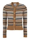 Ganni Multicolor Striped Cardigan With Logo Embroidery In Wool Woman In Brown