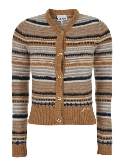 Ganni Multicolor Striped Cardigan With Logo Embroidery In Wool Woman In Brown