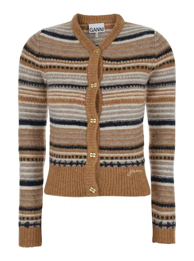 Ganni Multicolor Striped Cardigan With Logo Embroidery In Wool Woman In Orange