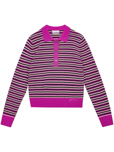Ganni Multicolor Striped Long-sleeve Polo Sweater For Women In Purple
