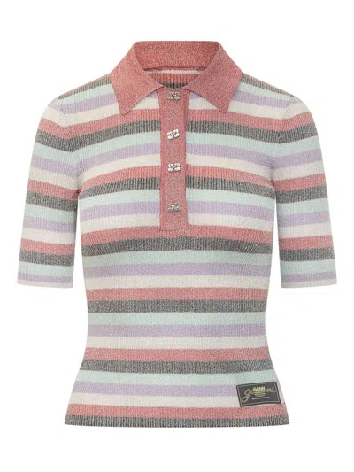 Ganni Multicolor Striped Polo With Logo In Pink