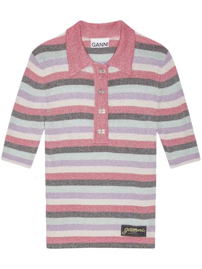 GANNI MULTICOLOR STRIPED POLO WITH LOGO