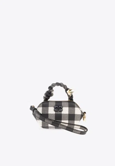 Ganni Nano Bou Gingham Top Handle Bag In Gray
