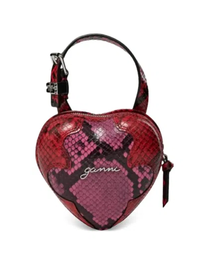 Ganni Nano Heart Snake-effect Clutch Bag In Red