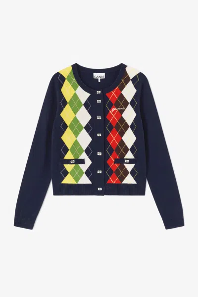 Ganni Argyle-print Pocket-details Wool Cardigan In Multi