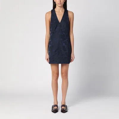 ★Ganni★ Mini Botanical Jacquard Tie Strap One Piece Peacoa Peacoat Navy Blue Botanical Jacquard Strap Midi Dress | GANNI US