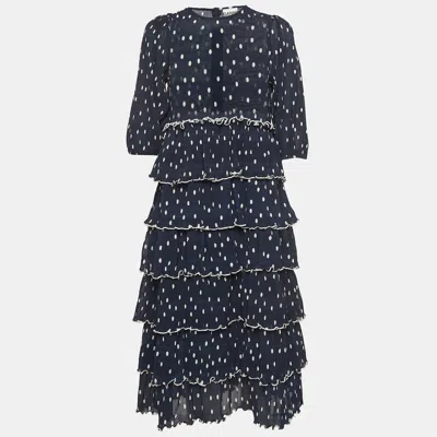 Pre-owned Ganni Navy Blue Polka Dot Pleated Crepe Tiered Midi Dress M