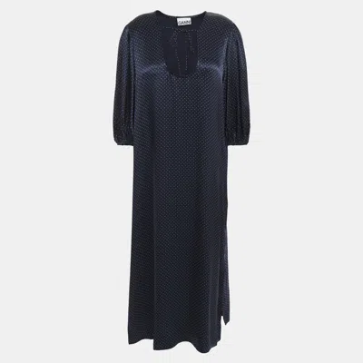 Pre-owned Ganni Navy Blue Polka Dots Viscose Midi Dress Size 40