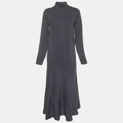 Pre-owned Ganni Navy Blue Striped Seersucker Long Sleeve Maxi Dress M