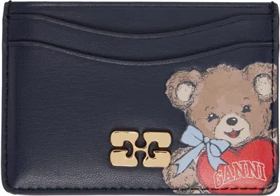 Ganni Navy Bou Bear Card Holder In Orange