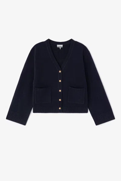Ganni Navy Classic Wool Cardigan - Size Xl In Blue