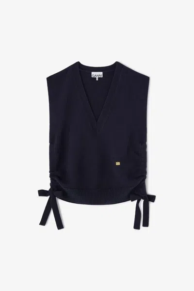 Ganni Navy Classic Wool Vest - Size L In Blue