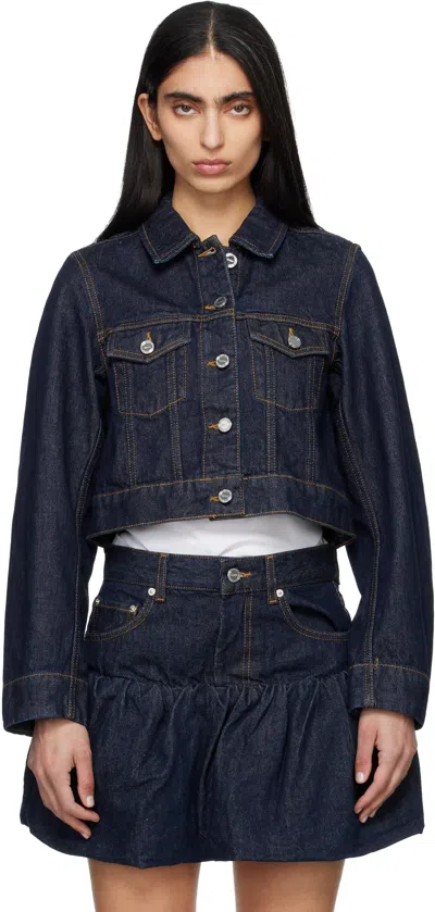 Ganni Navy Cropped Denim Jacket In Blue