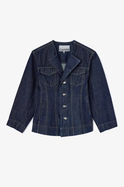 Ganni Navy Dark Rinse Denim Blazer - Size 42 Organic Cotton In Blue