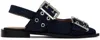 Ganni Black Feminine Buckle Flats In 642 Dark Navy