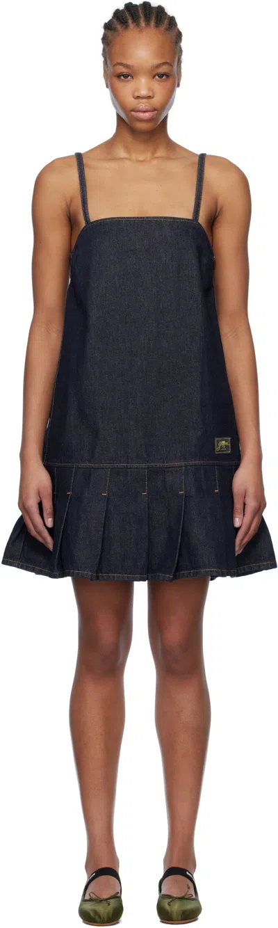 Ganni Navy Denim Strap Minidress In 077 Rinse