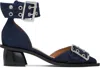 Ganni Navy Feminine Buckle Open Cut Heels In 642 Dark Navy