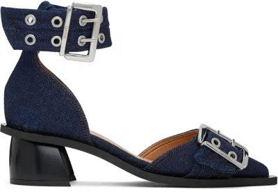 Ganni Navy Feminine Buckle Open Cut Heels In 642 Dark Navy