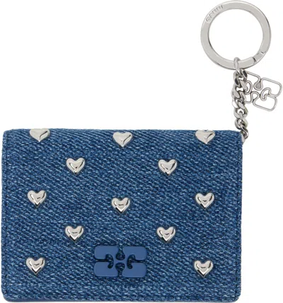 Ganni Navy Flap Heart Studs Bou Card Holder In Blue