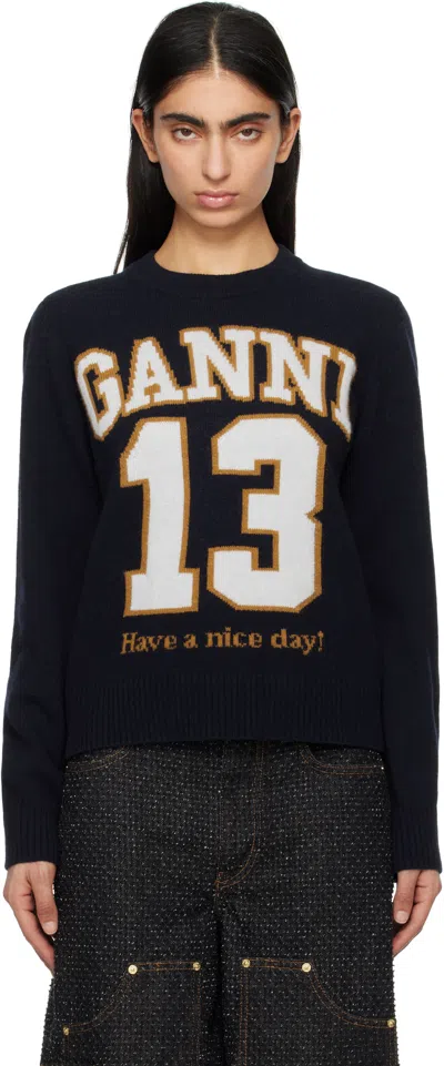 GANNI NAVY GRAPHIC WOOL MIX BASEBALL SWEATER
