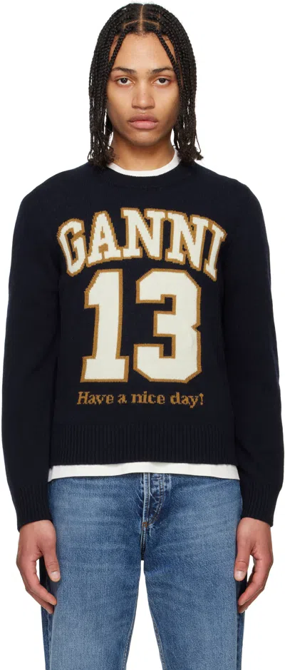 Ganni Navy Graphic Wool Mix Baseball Sweater In Sky Captain