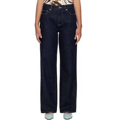 Ganni Denim Straight High Rise Jeans In Blue