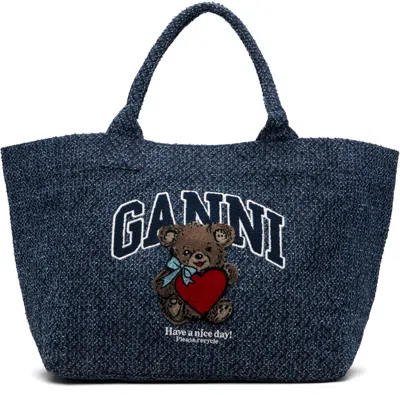 Ganni Navy Medium Trapeze Bear Denim Shopper Tote In Blue
